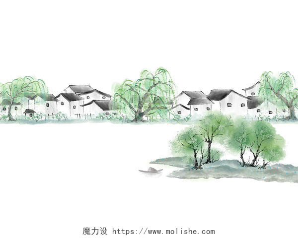 彩色手绘原创古风中国风水墨山水房屋树元素PNG素材